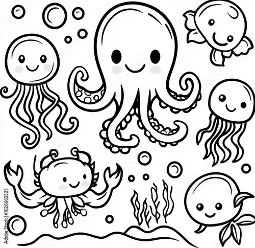Set of underwater sea animals for coloring. An easy educational coloring game for preschoolers.
