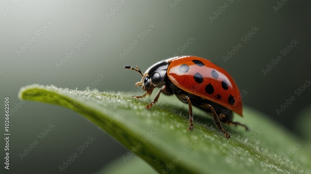 Fototapeta premium A vibrant ladybug perched on a green leaf, with a soft, blurred background.
