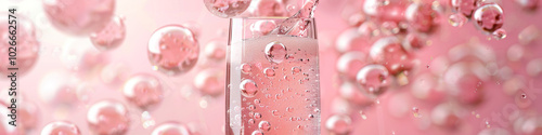 Pink Bubbles: A glass of champagne is uncorked, releasing a stream of effervescent pink bubbles that float upwards