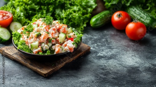 Crab salad claws, surimi sticks, veggies in a seafood dish. photo