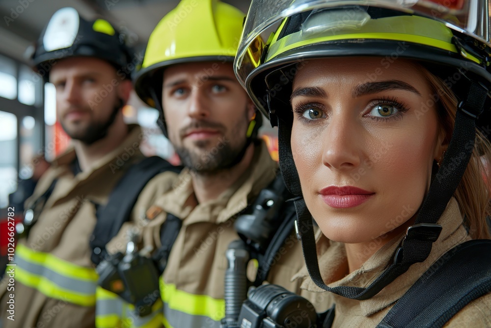 Firefighters in protective uniforms on station Firefighters in protective uniforms on station