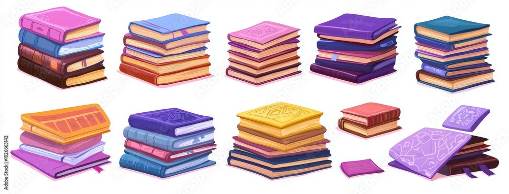 Isolated stacks of cartoon books, books on knowledge, education, school textbooks, dictionaries and encyclopedias, library or bookstore literature. Isolated stacks of cartoon books, books on knowledge, education, school textbooks, dictionaries and encyclopedias, library or bookstore literature.
