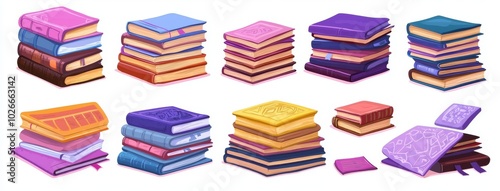 Isolated stacks of cartoon books, books on knowledge, education, school textbooks, dictionaries and encyclopedias, library or bookstore literature.