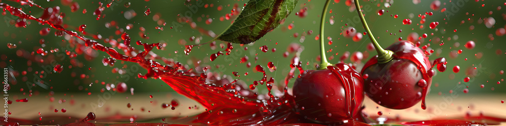 Crimson Splash: A fresh cherry falls from a tree, bursting open as it hits the ground, red juice splattering around it. Crimson Splash: A fresh cherry falls from a tree, bursting open as it hits the ground, red juice splattering around it.