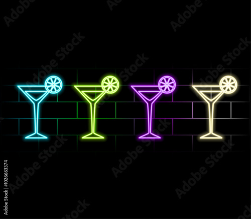 Cocktail Margarita Neon Design Element. Glass of Cocktail with Lime. Cocktail Bar, Pub. Popular Alcoholic cocktail. Glowing Vector illustration of Drinks promotion.