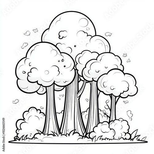 Coloring page with forest circle shape illustration. Hand drawn mandala with trees for coloring book. Outline background. Detailed illustration.