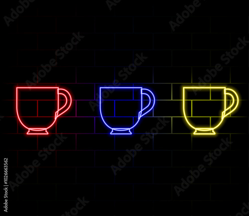 Glowing neon coffee cup icon on a dark brick wall background. Light effect hot beverage or cafe sign. Vector illustration