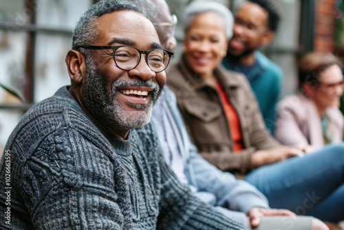 Smiling senior man in eyeglasses sitting in front of a group of diverse people