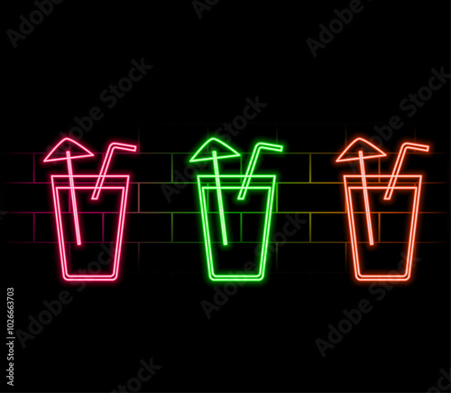 Milk shake, cocktails and lemonade glass neon signs set. Cocktail party or bar design. Night bright neon sign, colorful billboard, light banner. Vector illustration in neon style.