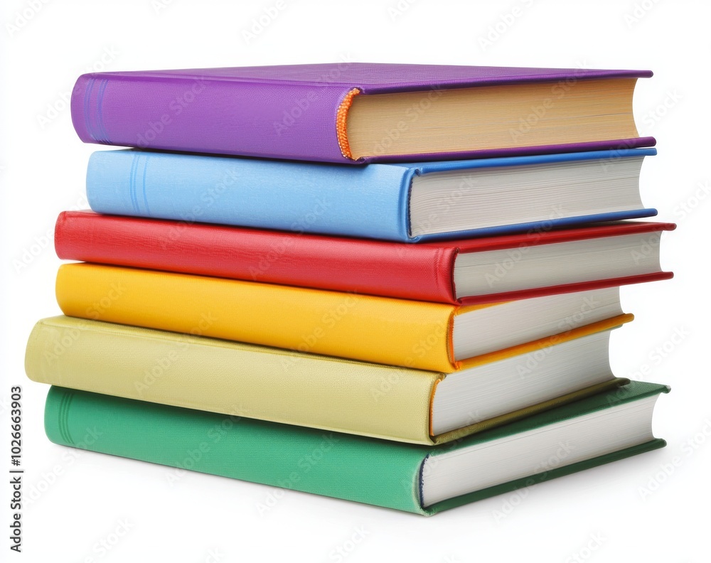 An isolated white background shows a stack of colorful books An isolated white background shows a stack of colorful books