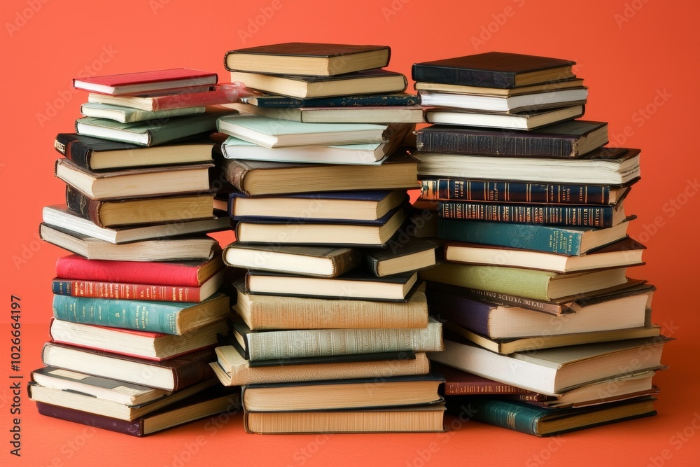 Stacks of pastel orange books and files isolated on an orange background Stacks of pastel orange books and files isolated on an orange background