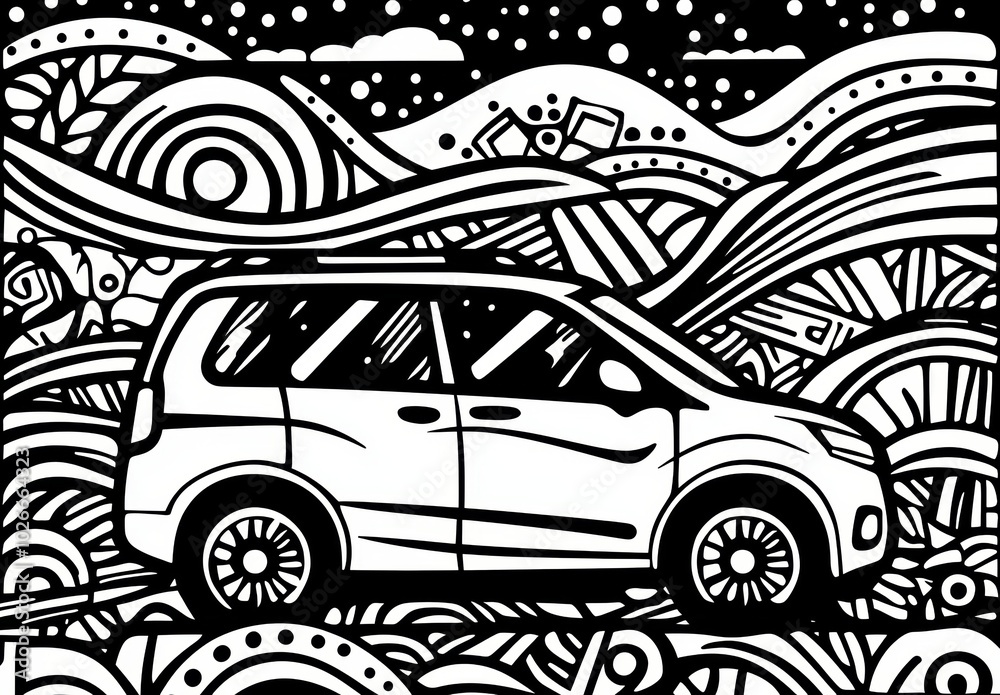 Stock modern doodle design of minivan traveling for coloring book for adults Stock modern doodle design of minivan traveling for coloring book for adults