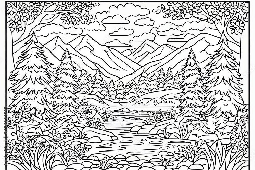 Fototapeta premium A coloring page of a mountain landscape with a river and flowers. There are black and white lines in the picture.