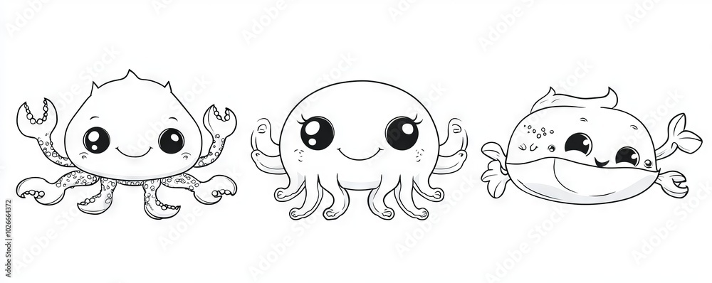 Fototapeta premium A coloring book template with funny animals including an octopus, crab, and clownfish. This coloring page was created using cutting-edge stock.