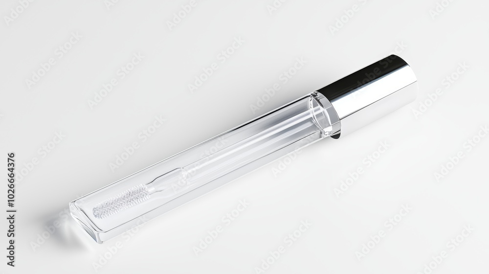 Elegant lip gloss tube with a clear body and metallic cap, the wand pulled out, floating on a white background Elegant lip gloss tube with a clear body and metallic cap, the wand pulled out, floating on a white background