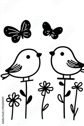 Black and white pattern coloring page of cute bird with flowers.