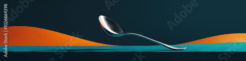 A moody navy blue backdrop peppered with hints of vibrant orange and teal, framing a single silver spoon artfully balanced on its handle.