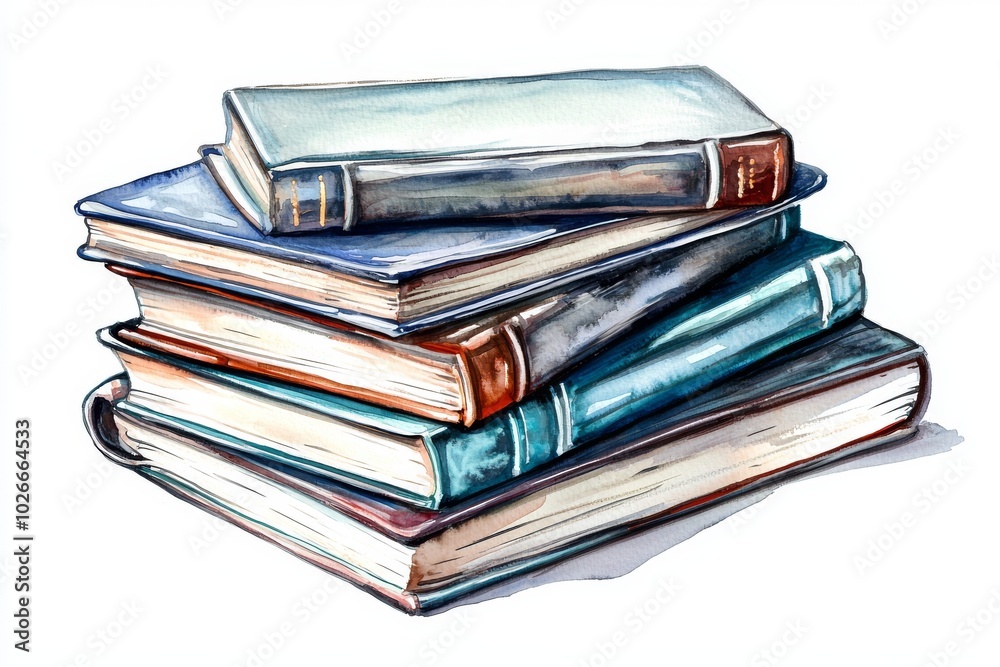 The concept of World Book Day is illustrated in watercolor with a stack of books. The concept of World Book Day is illustrated in watercolor with a stack of books.