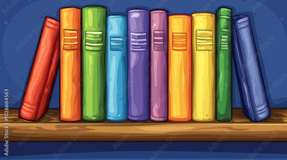 Naklejka premium A series of colorful books sit atop a wooden shelf. Generative stock.