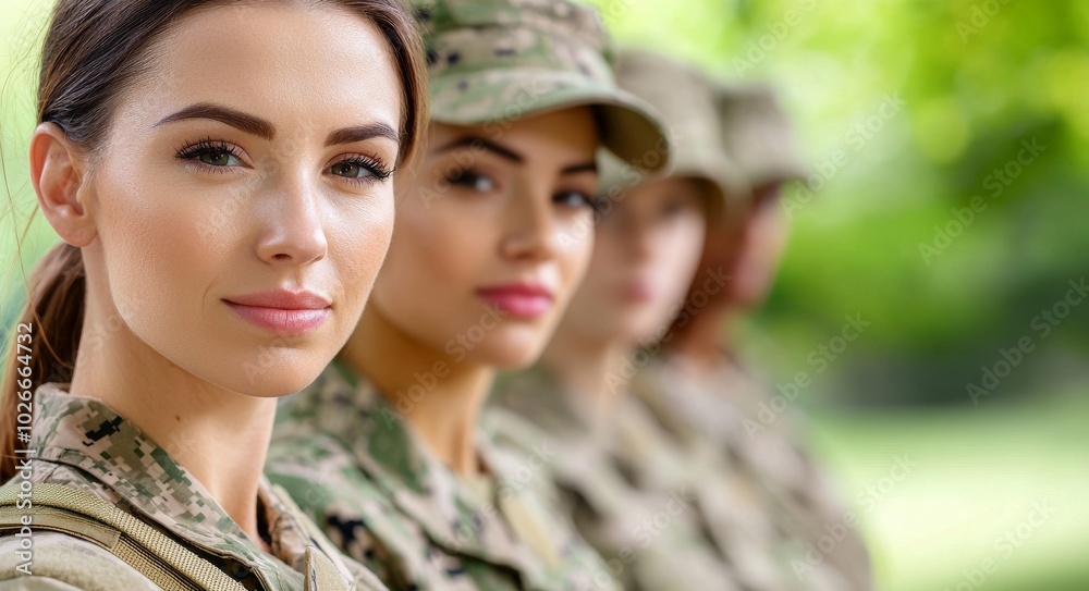 Standing group of women in military digital camo uniforms at a ceremony or presentation. Standing group of women in military digital camo uniforms at a ceremony or presentation.