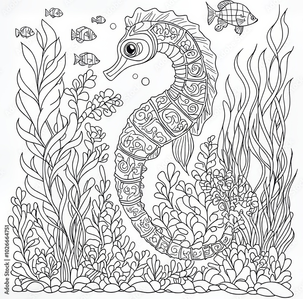 Stock Modern of a zendoodle seahorse swimming underwater beneath oceansurrounded by corals and seaweed - anti-stress coloring page Stock Modern of a zendoodle seahorse swimming underwater beneath oceansurrounded by corals and seaweed - anti-stress coloring page