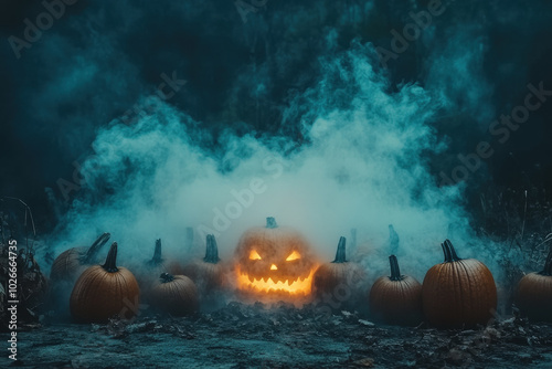 Spooky Halloween Night with Glowing Pumpkins photo