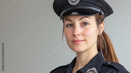 A close-up shot of a white latina American female police officer, standing, wearing a uniform and hat. It's isolated on a white background.