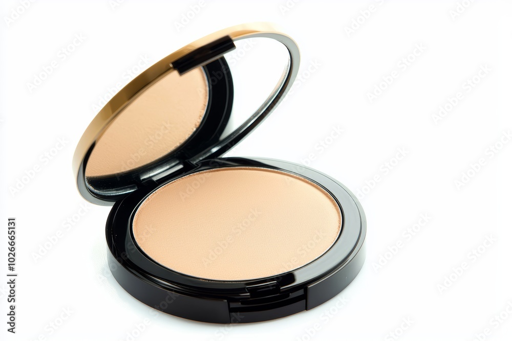 Compact powder case with a mirror inside, slightly open, showcasing a smooth pressed powder, isolated on a white background Compact powder case with a mirror inside, slightly open, showcasing a smooth pressed powder, isolated on a white background
