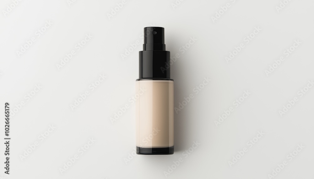 Matte liquid foundation bottle with a glass finish, the pump slightly pressed to show the product, centered on white