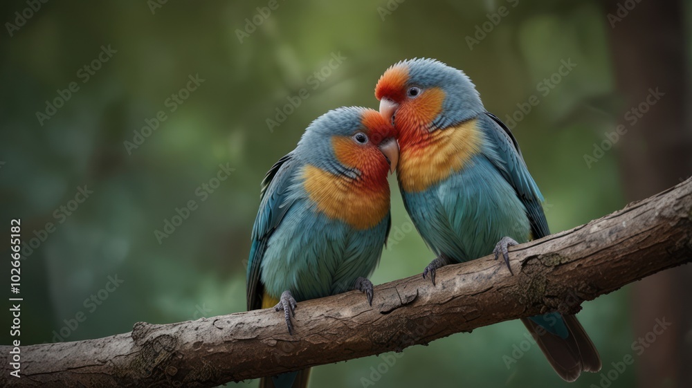 Obraz premium Two blue and orange parrots nuzzle on a branch with a blurred green background.