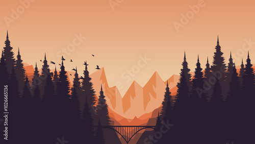 sunset over the mountains forest sillhouette vector illustration good for presentation, advertising, ads, business, wallpaper, backdrop, background, and web banner