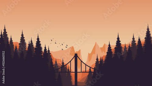 sunset over the mountains forest sillhouette vector illustration good for presentation, advertising, ads, business, wallpaper, backdrop, background, and web banner