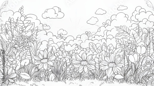 For kids, this coloring page features simple garden flowers and a cartoon sun