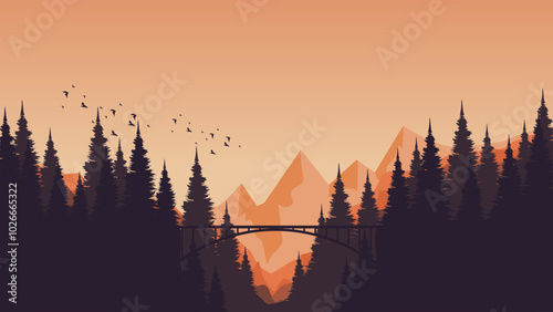 sunset over the mountains forest sillhouette vector illustration good for presentation, advertising, ads, business, wallpaper, backdrop, background, and web banner