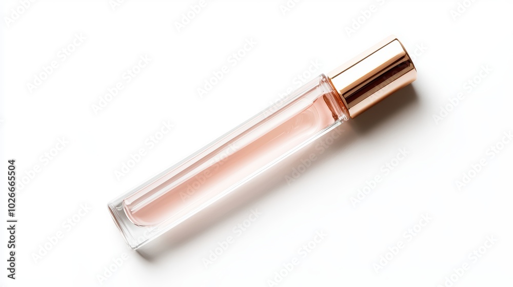 Clear glass perfume roller bottle with a gold cap, filled with a light pink liquid, isolated on a white background Clear glass perfume roller bottle with a gold cap, filled with a light pink liquid, isolated on a white background