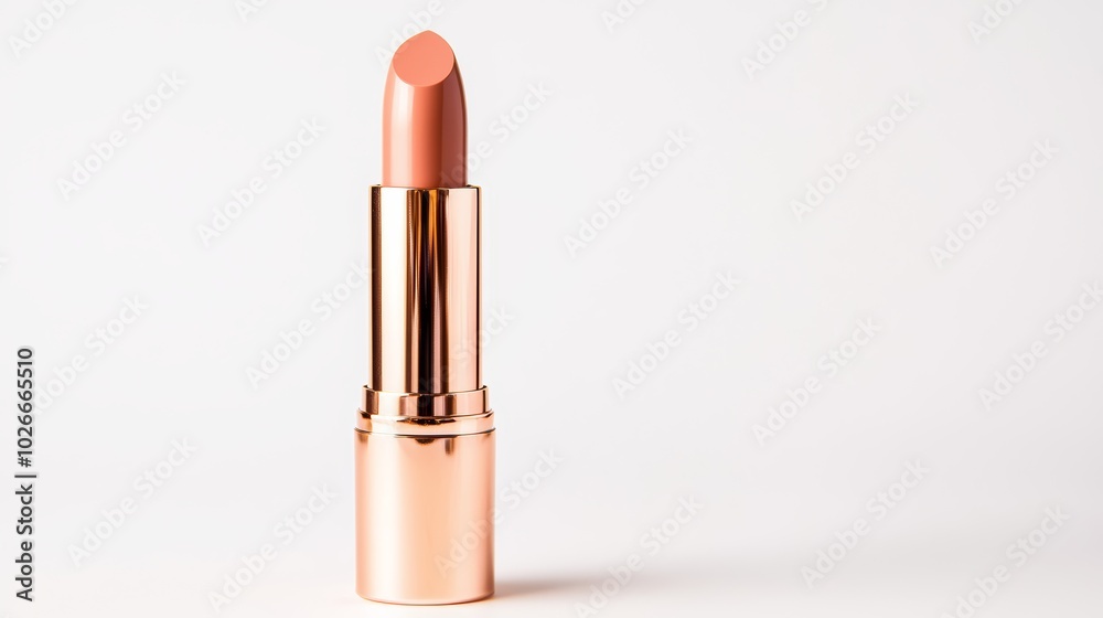Elegant lipstick in a rose gold tube, open to reveal a soft pink shade, standing upright on a clean white surface Elegant lipstick in a rose gold tube, open to reveal a soft pink shade, standing upright on a clean white surface