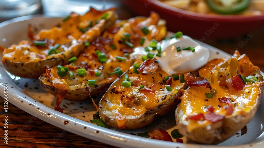 cheesy loaded potato skins with bacon on a plate, offering a mouthwatering appetizer perfect for gatherings or casual meals
cheesy loaded potato skins with bacon on a plate, offering a mouthwatering appetizer perfect for gatherings or casual meals