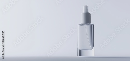 Sleek facial mist bottle with a translucent body, the spray nozzle positioned upward, floating against white