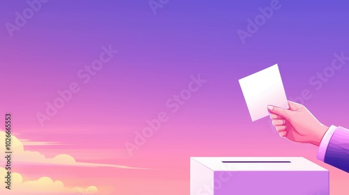 A hand casting a vote into a ballot box against a colorful sky, symbolizing civic duty and the importance of participation. photo