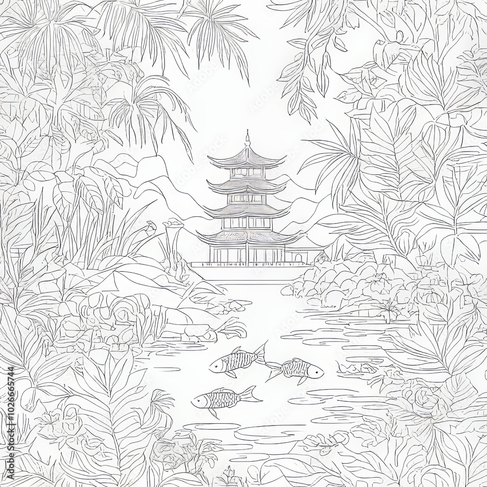 Fototapeta premium An oriental temple coloring page with a pagoda tower in zentangle style. A freehand sketch drawing for adult antistress coloring books.