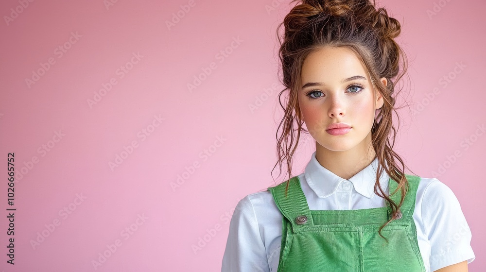 Student in green uniform smiling at camera isolated on pastel background Student in green uniform smiling at camera isolated on pastel background