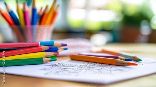 There is a table set up with all the necessary tools for a mindful coloring session. There are coloring books, pencils, markers, and more.