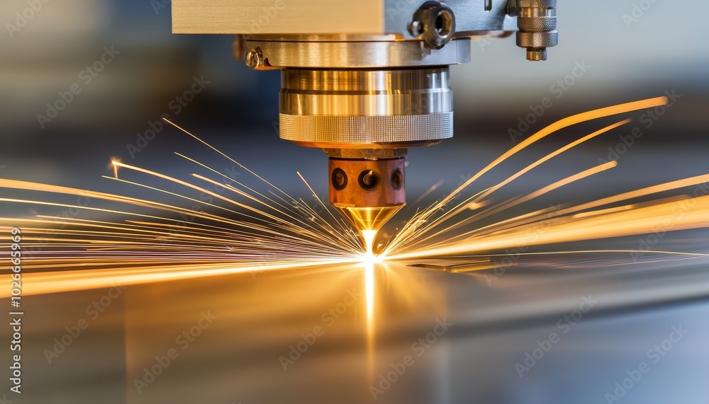 Sparks flying from a laser-cutting machine in an advanced industrial fabrication plant