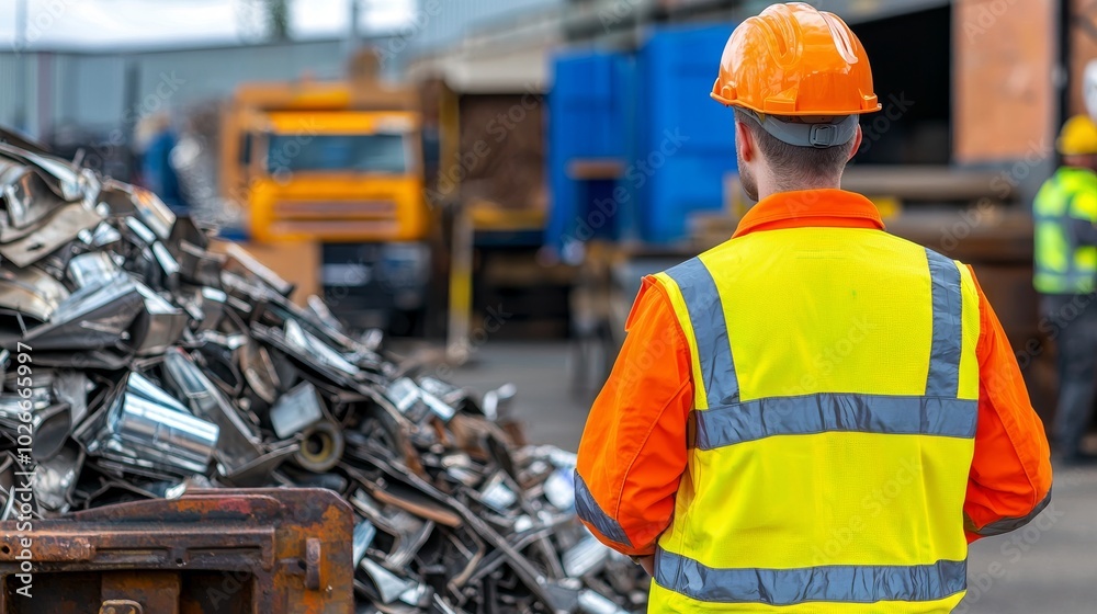 The worker is wearing a hard hat and orange uniform as he observes the operations in a recycling facility. The worker is wearing a hard hat and orange uniform as he observes the operations in a recycling facility.
