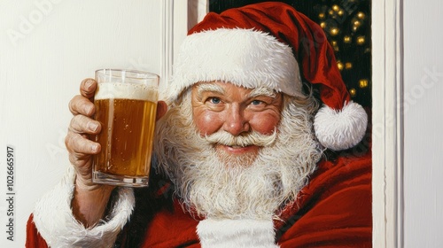 A slightly tipsy Santa holding a glass of eggnog, giving a sly grin as he stumbles through the door, gifts in hand