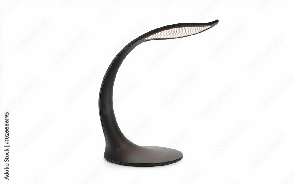 Minimalist desk lamp with a thin, curved neck and a round base, illuminated on a white backdrop Minimalist desk lamp with a thin, curved neck and a round base, illuminated on a white backdrop