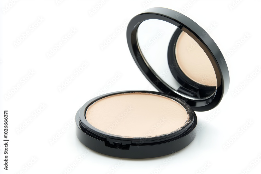 Compact powder case with a mirror inside, slightly open, showcasing a smooth pressed powder, isolated on a white background Compact powder case with a mirror inside, slightly open, showcasing a smooth pressed powder, isolated on a white background