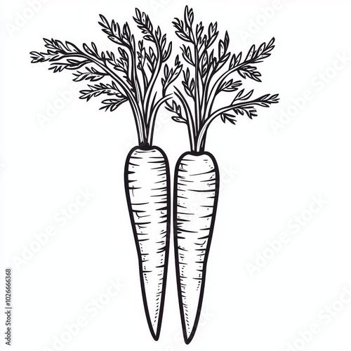 An outline coloring book page of carrots with a line art illustration and a digital drawing