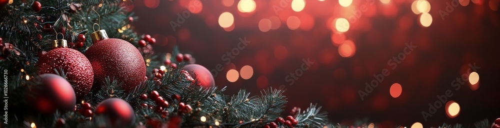 Obraz premium Festive holiday decorations with red ornaments and pinecones on a shimmering background