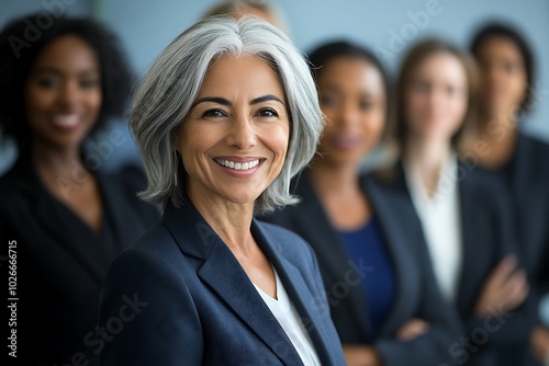 Group of diverse business women in an office, centered on an older woman with gray hair in a suit, all smiling, professional environment.